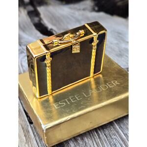 Vintage Estee Lauder 'World Traveler' Suitcase Compact Gold & Blue Enamel, NEW
